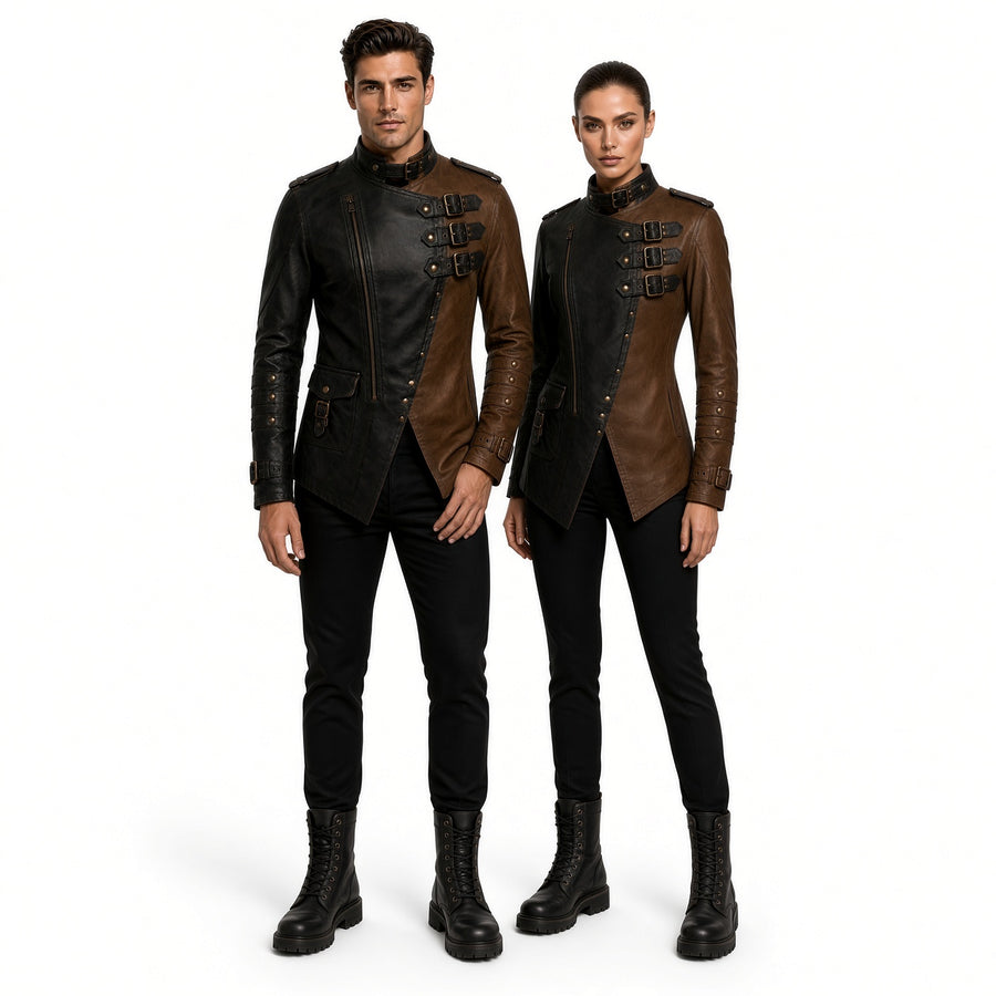 Men’s Black & Brown Genuine Leather Jacket – Medieval Warrior Steampunk Biker Coat