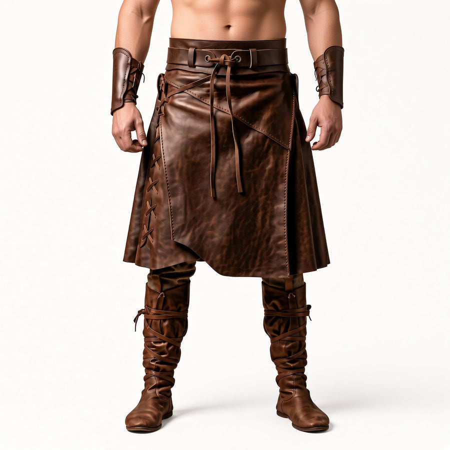 Men’s Brown Leather Warrior Costume Set with Arm Bracers & Boots | Medieval Viking LARP Cosplay Outfit