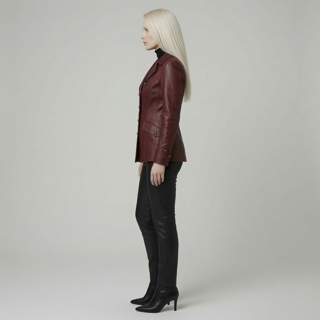 Women’s Burgundy Leather Blazer Jacket – Double Breasted Fitted Leather CoatWomen’s Burgundy Leather Blazer Jacket – Double Breasted Fitted Leather Coat