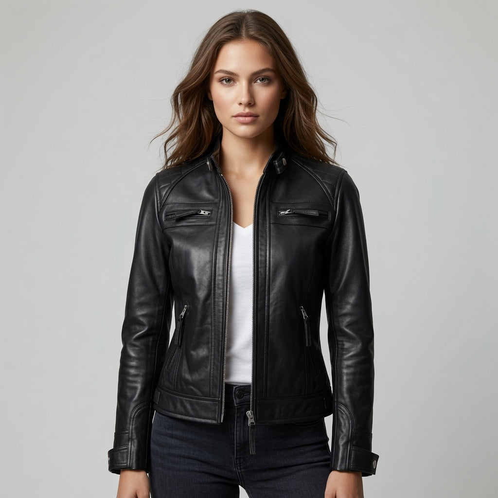 Damen schwarze Echtleder Cafe Racer Jacke | Slim Fit Motorrad Lederjacke