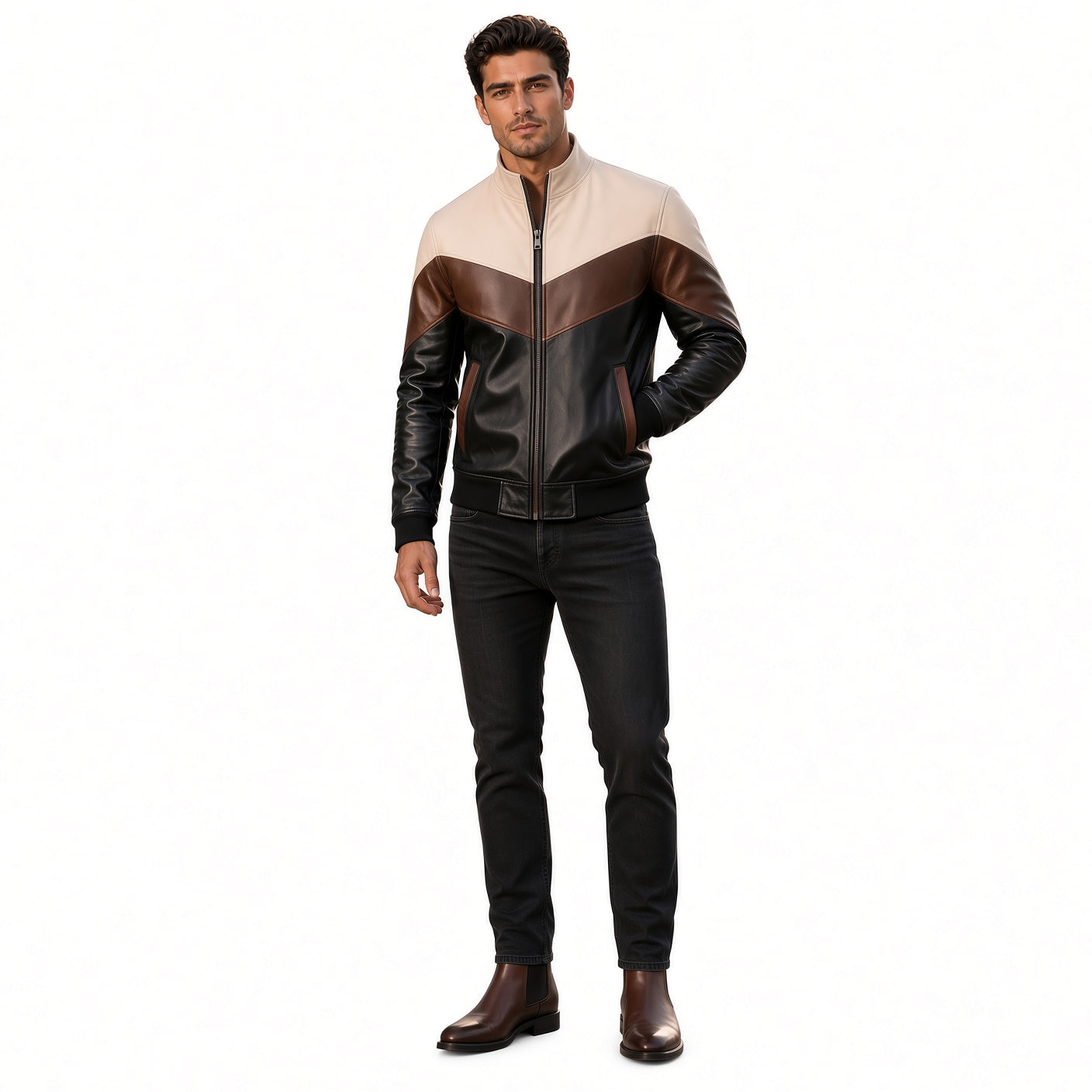 Men's Brown Black & White Leather Jacket | Modern Color Block Jacket