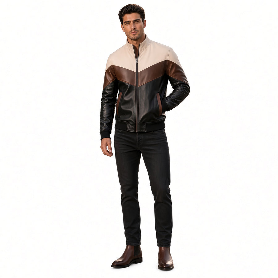 Men's Brown Black & White Leather Jacket | Modern Color Block Jacket