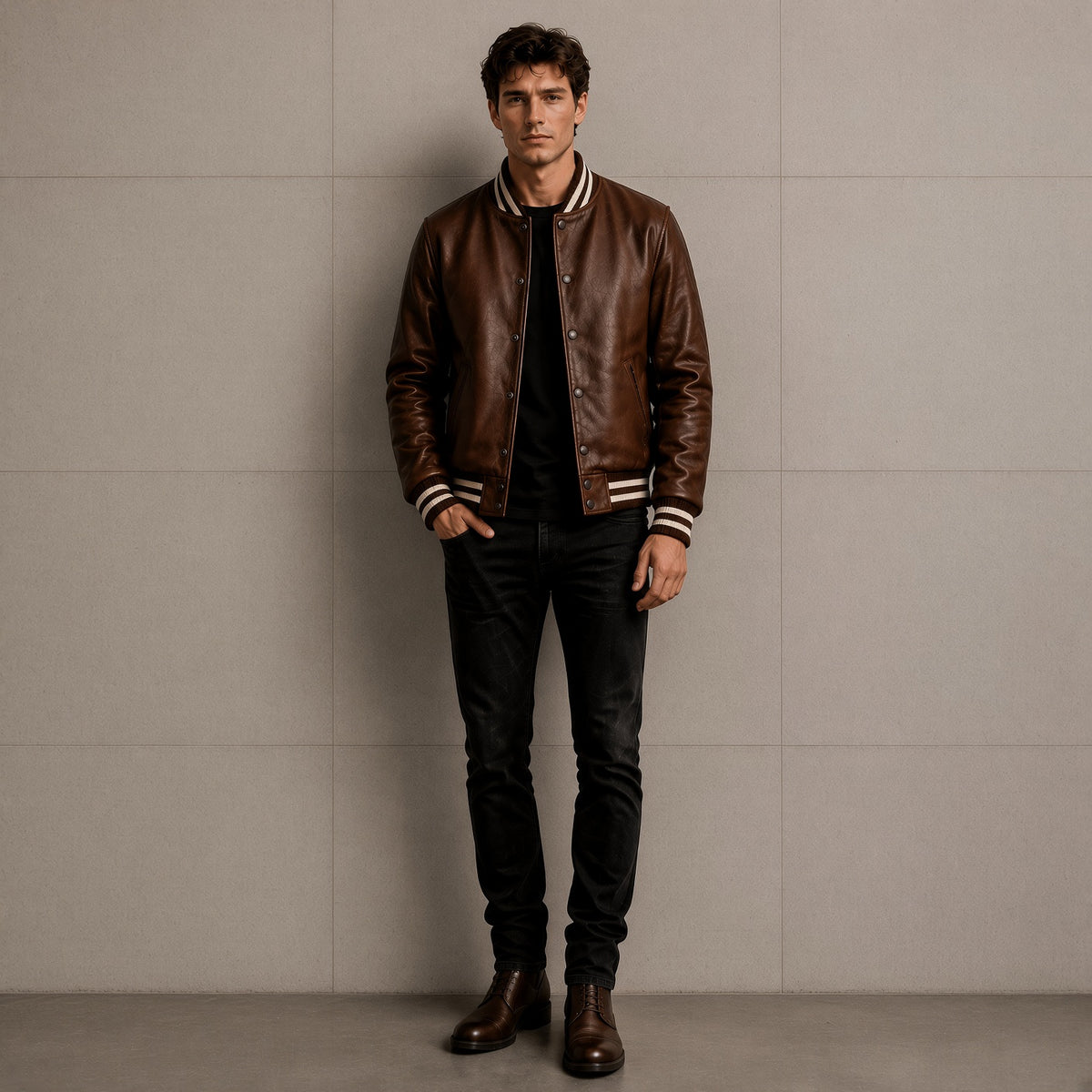 Men's Brown Leather Varsity Jacket – Classic Snap Button Bomber