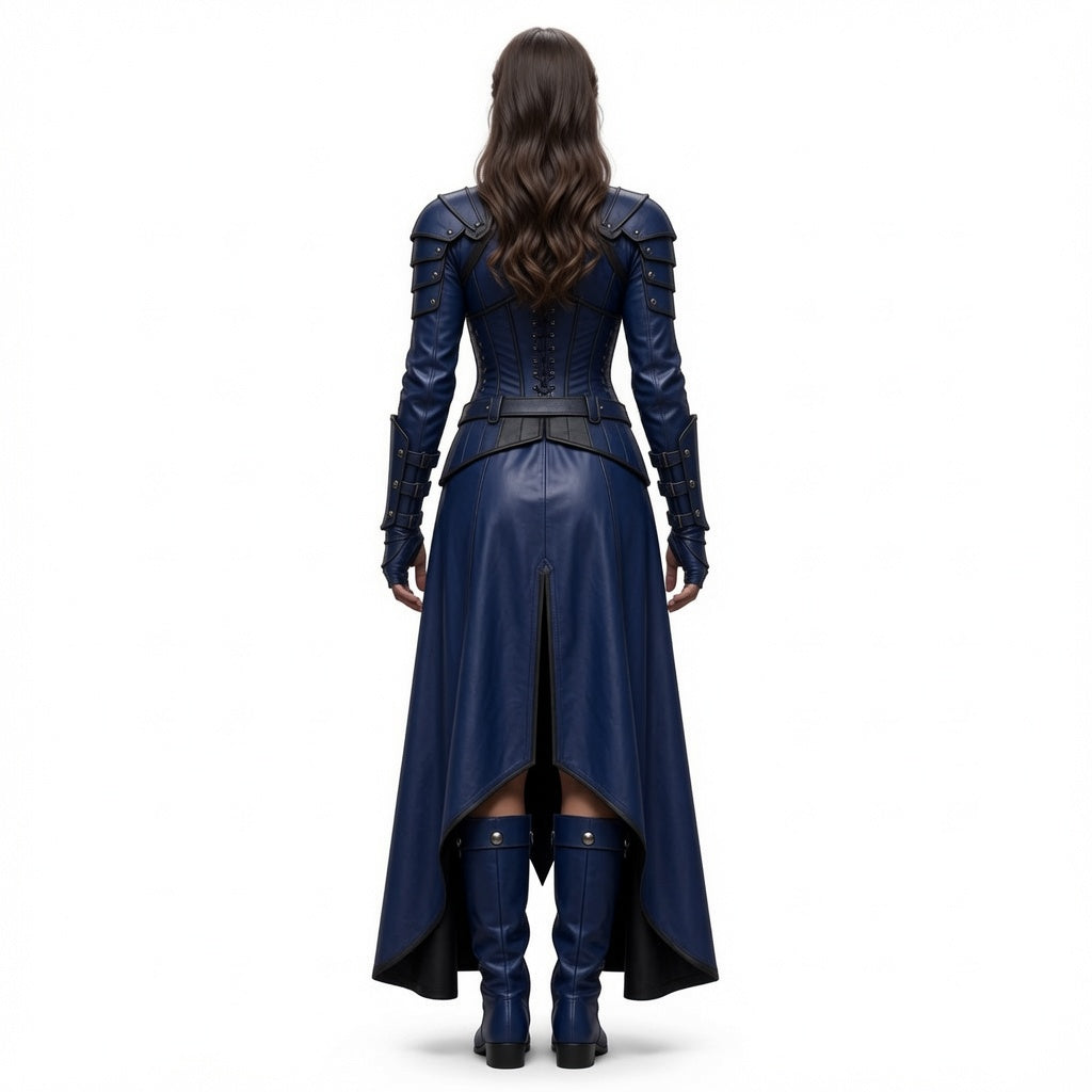 Women’s Blue queen Leather Costume – Corset Dress, Cape, Arm Bracers & Boots