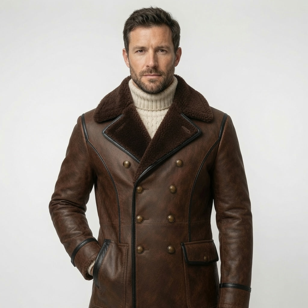 Men's Brown Shearling Leather Peacoat – Double Breasted Winter Leather Coat