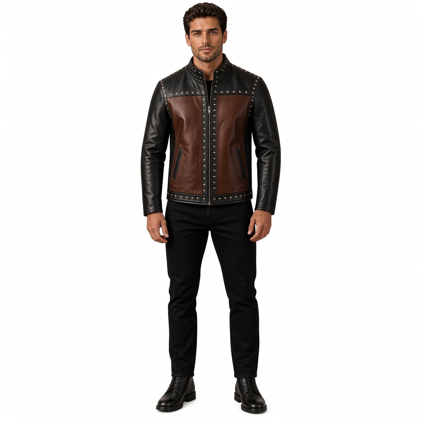 Men's Black & Brown Studded Leather Jacket – Vintage Biker Style
