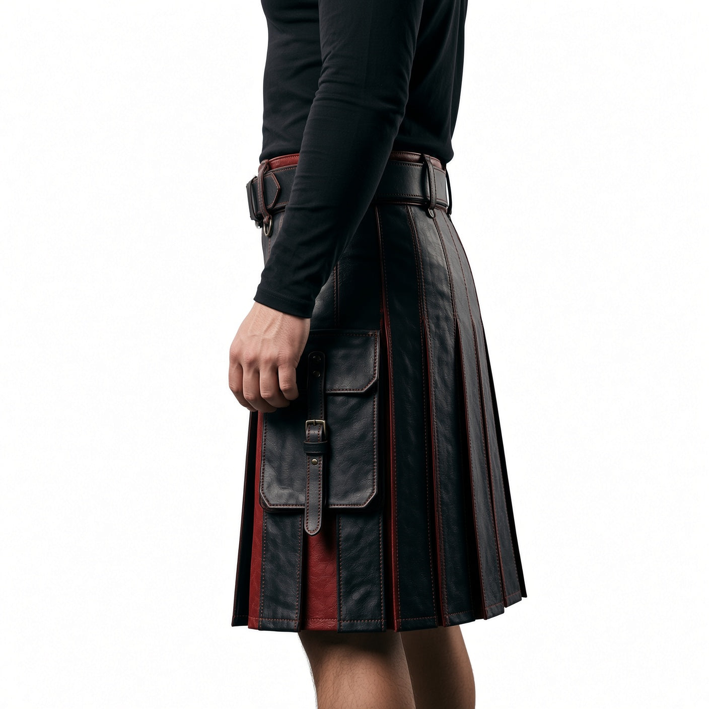 Men’s Black & Red Leather Kilt | Gothic Warrior Utility Kilt | Alternative Fashion Costume