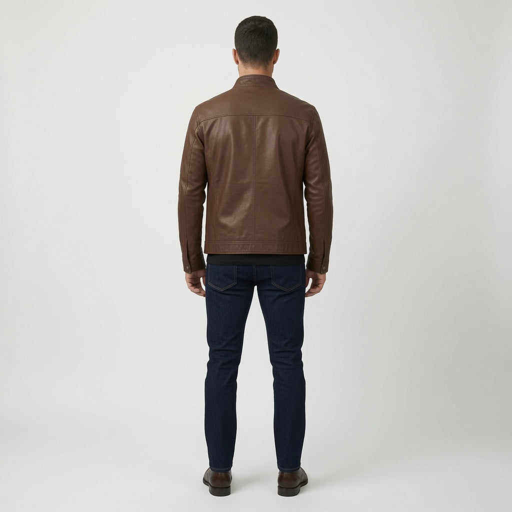 Herren Klassische braune Echtleder Cafe Racer Jacke | Minimalistische Motorrad Lederjacke