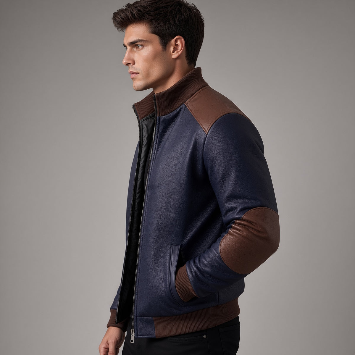 Men's Navy Blue Leather Bomber Jacket | Brown Accent Jacket