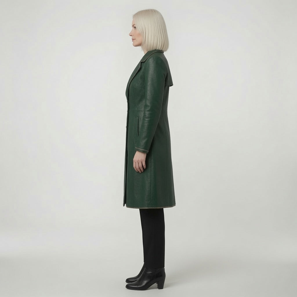 Women's Emerald Green Leather Long Coat – Double Breasted Military Style Trench Jacket