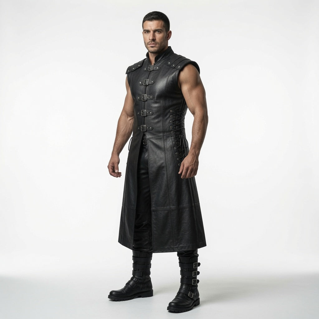 Herren Lange Weste aus echtem schwarzem Leder – Gothic Krieger Trenchcoat | Mittelalterliches LARP Cosplay Rüstungskostüm