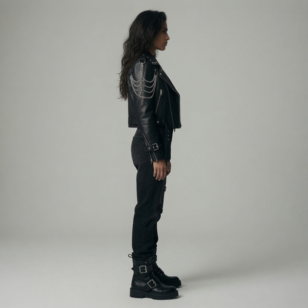 Handgefertigte Damen-Bikerjacke aus echtem schwarzem Leder mit Nieten und Kette | Punk-Motorradjacke