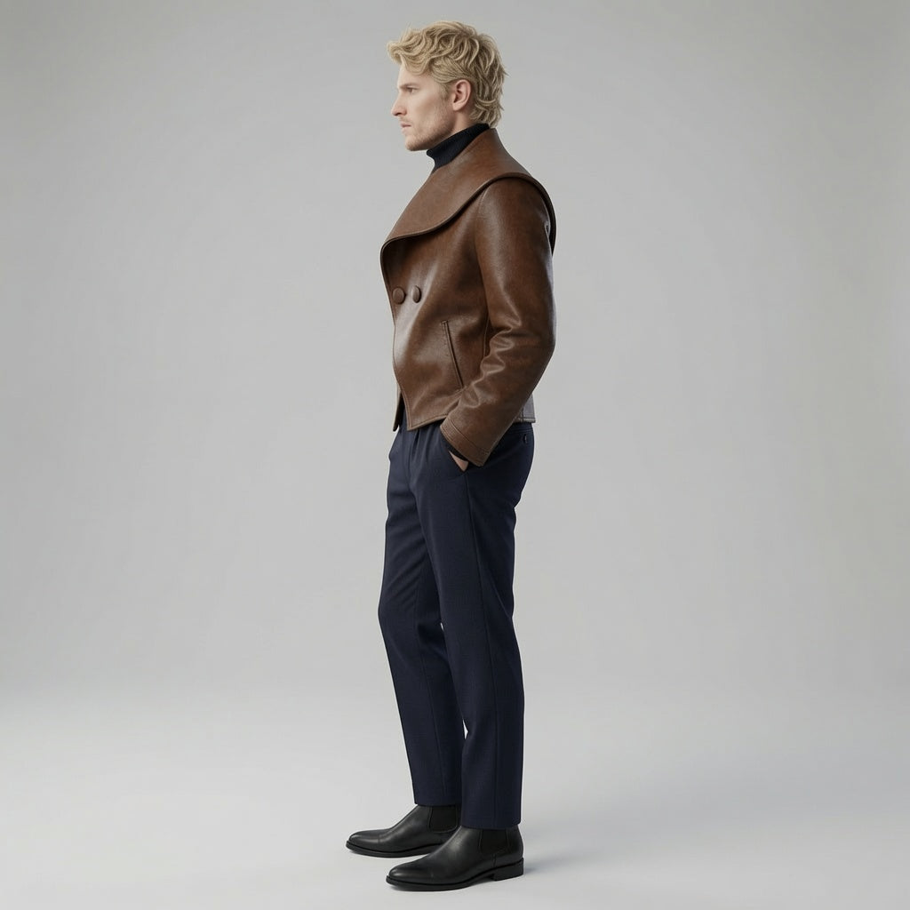 Herren Designer Braune Echtleder Asymmetrische Jacke | Luxus Maßgeschneiderter Lederblazer