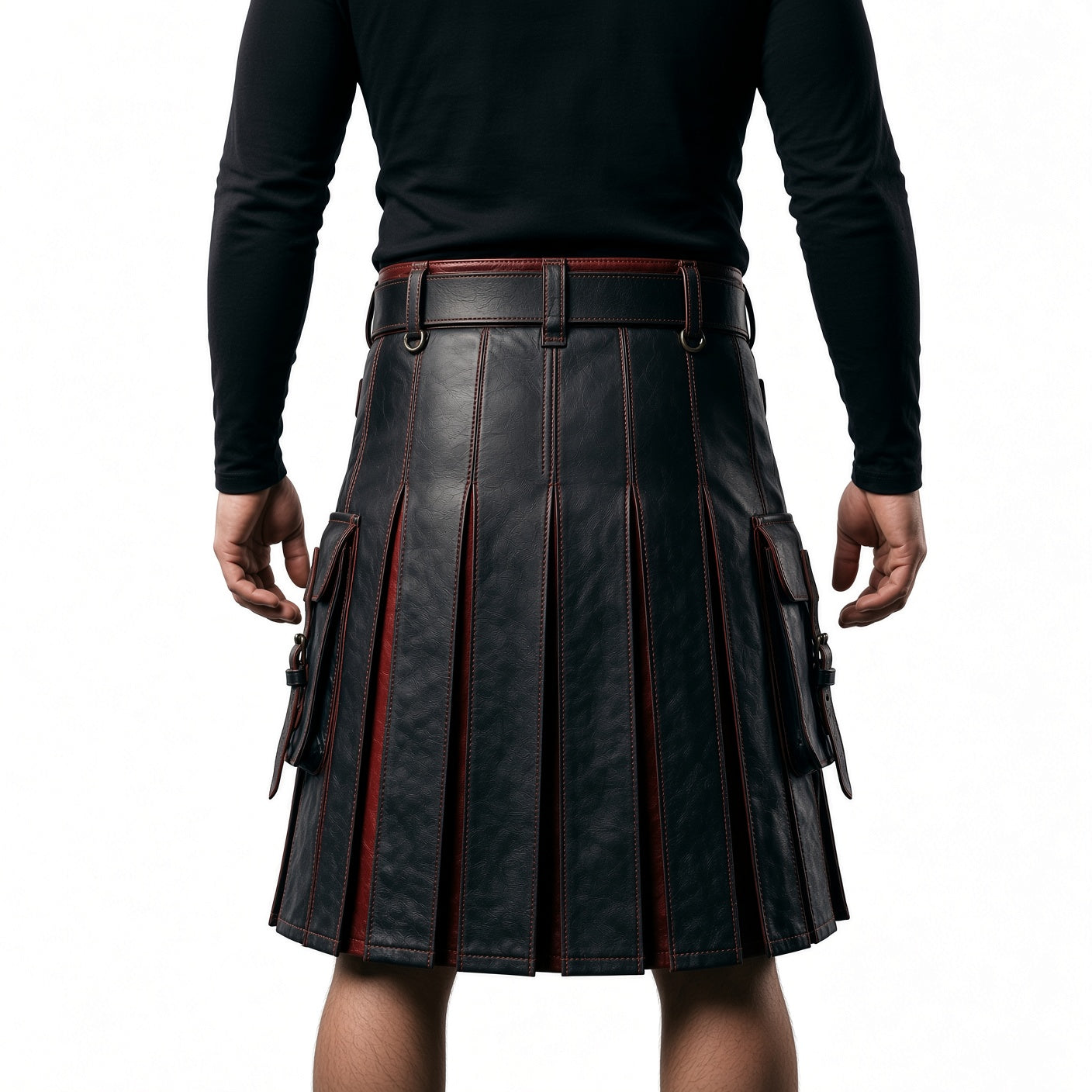 Men’s Black & Red Leather Kilt | Gothic Warrior Utility Kilt | Alternative Fashion Costume