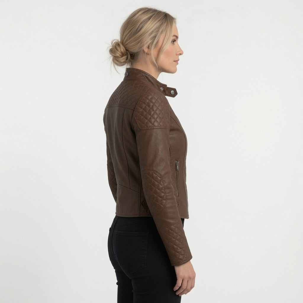 Damen braune Echtleder Motorradjacke – Steppschulter Slim-Fit Bikerjacke