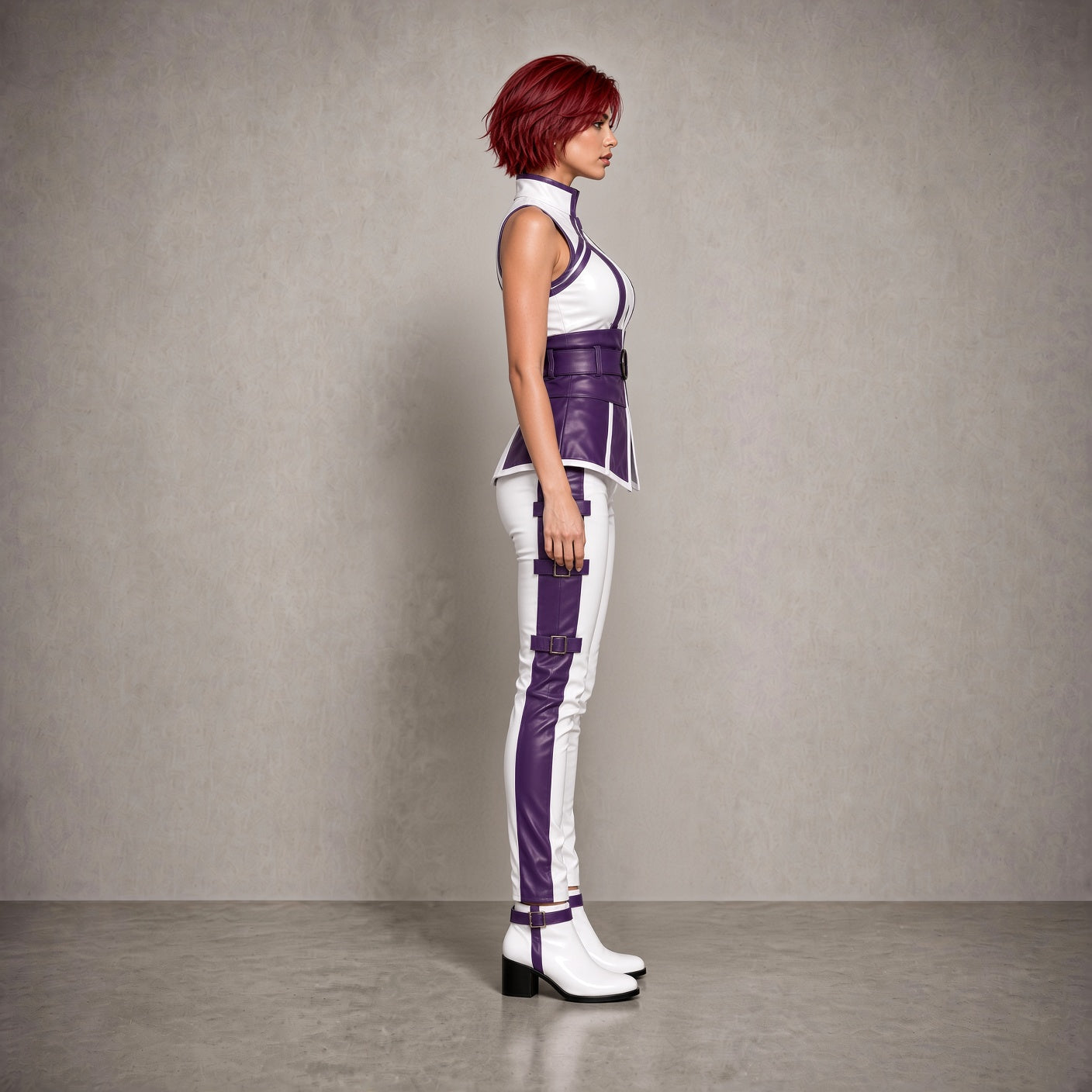 Women’s Purple & White Leather Cosplay Costume Set with Pants & Boots – Fantasy Outfit