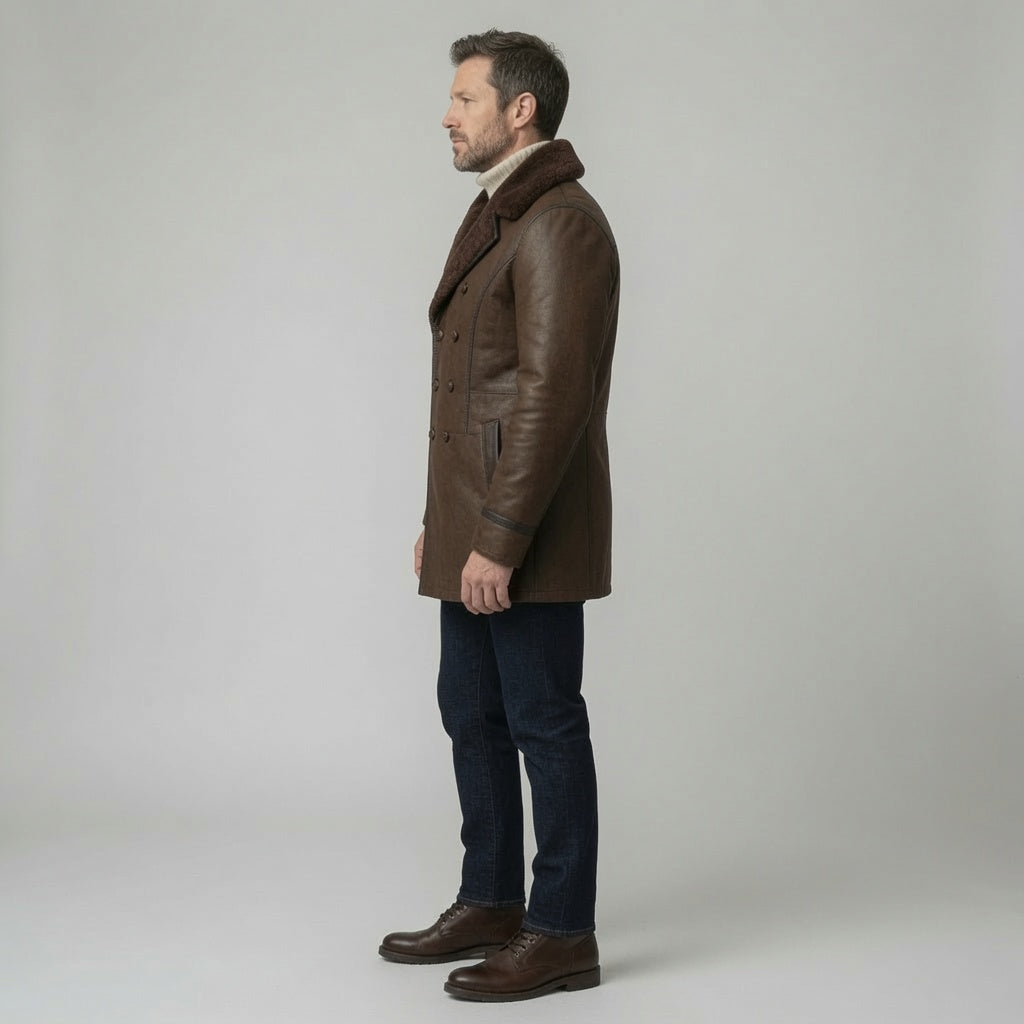 Men's Brown Shearling Leather Peacoat – Double Breasted Winter Leather Coat