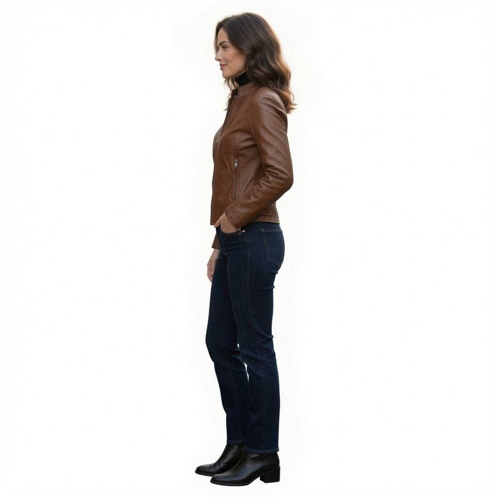 Damen Cognacbraune Echtleder-Motorradjacke | Schmale Lederjacke