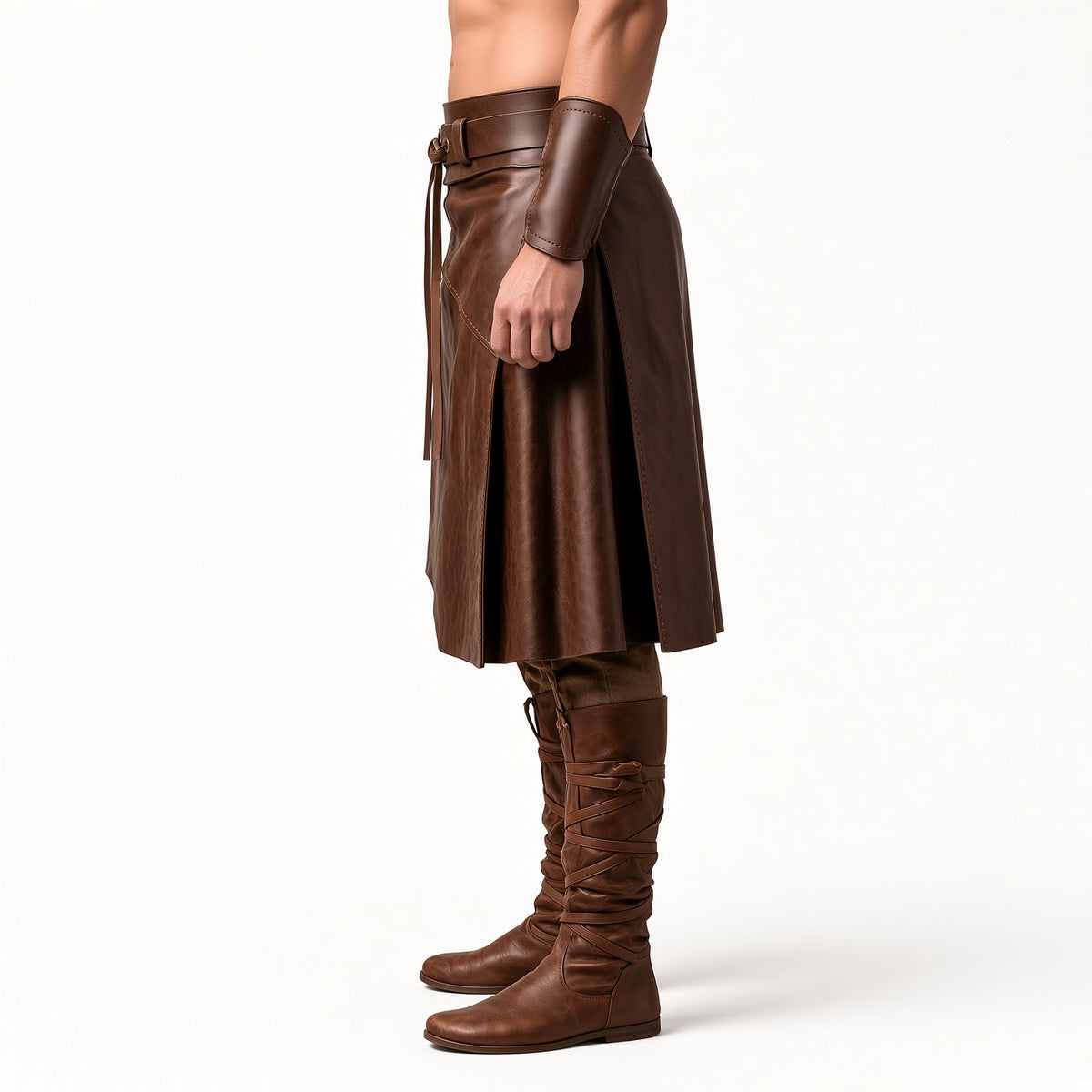 Men’s Brown Leather Warrior Costume Set with Arm Bracers & Boots | Medieval Viking LARP Cosplay Outfit