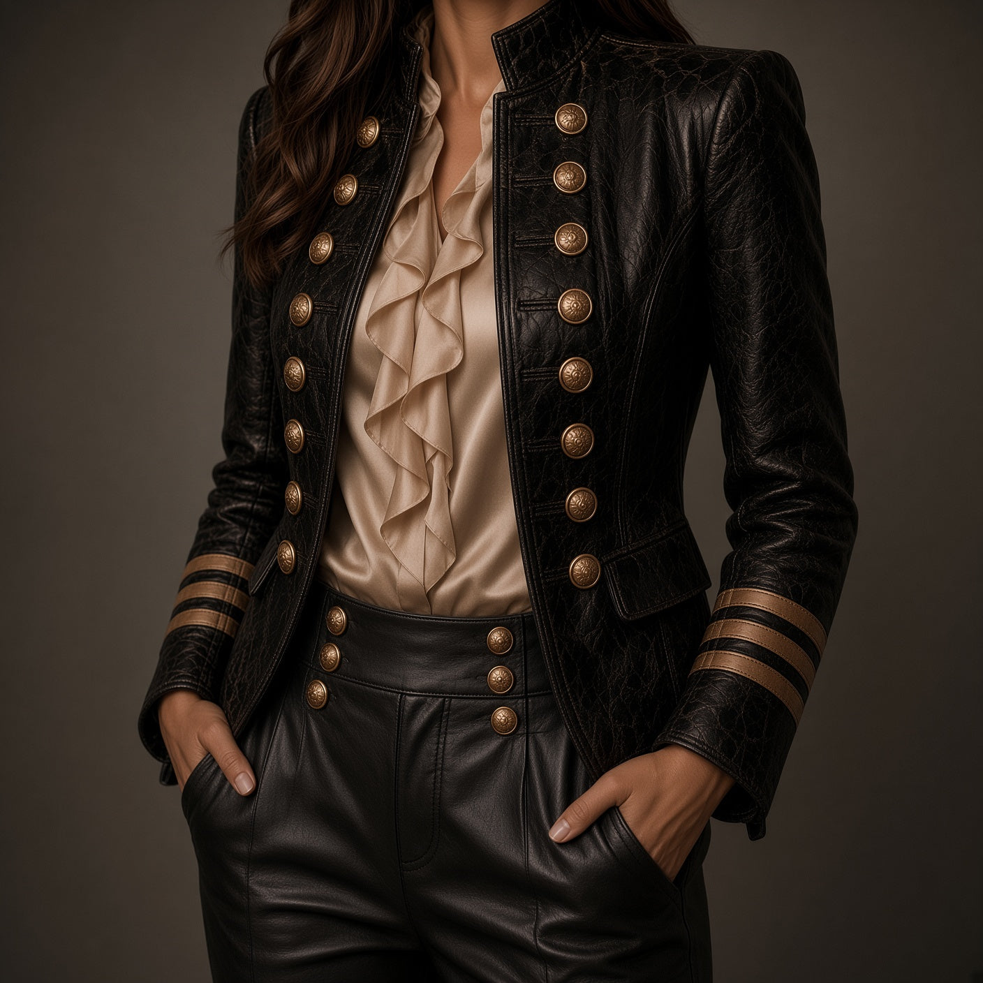 Women's Black Leather Jacket & Pants Set | Gold Button Leather Outfit