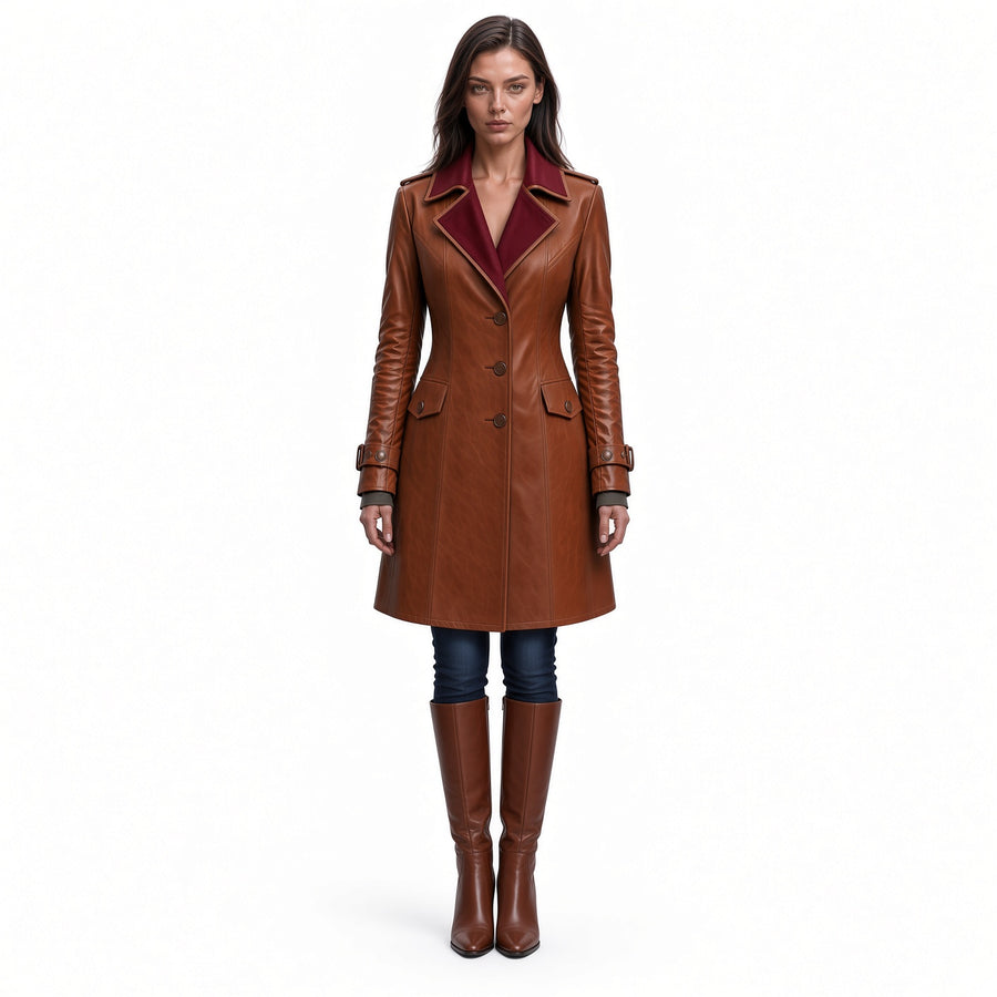 Women’s Brown Long Leather Coat with Burgundy Collar & Knee High Leather Boots