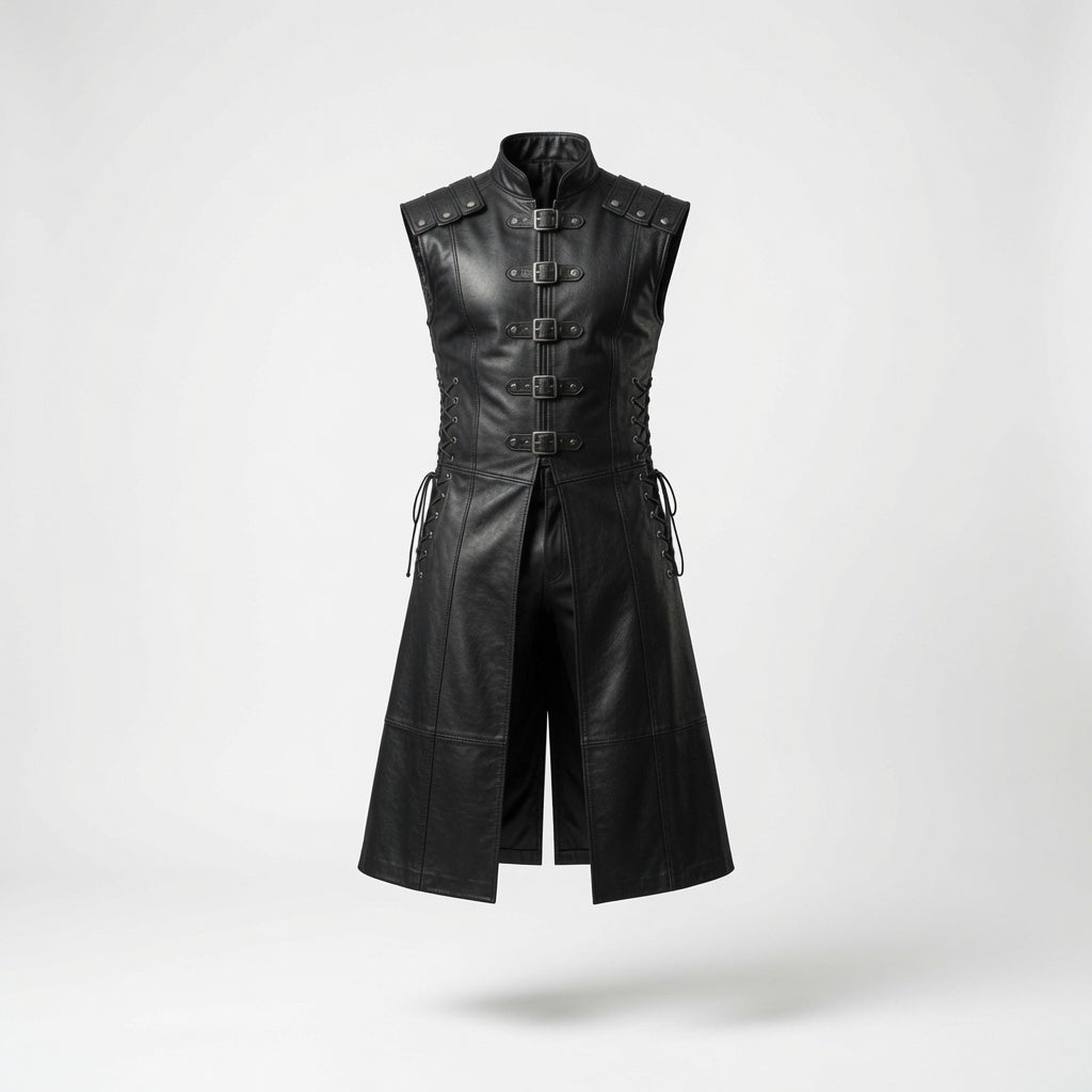 Herren Lange Weste aus echtem schwarzem Leder – Gothic Krieger Trenchcoat | Mittelalterliches LARP Cosplay Rüstungskostüm