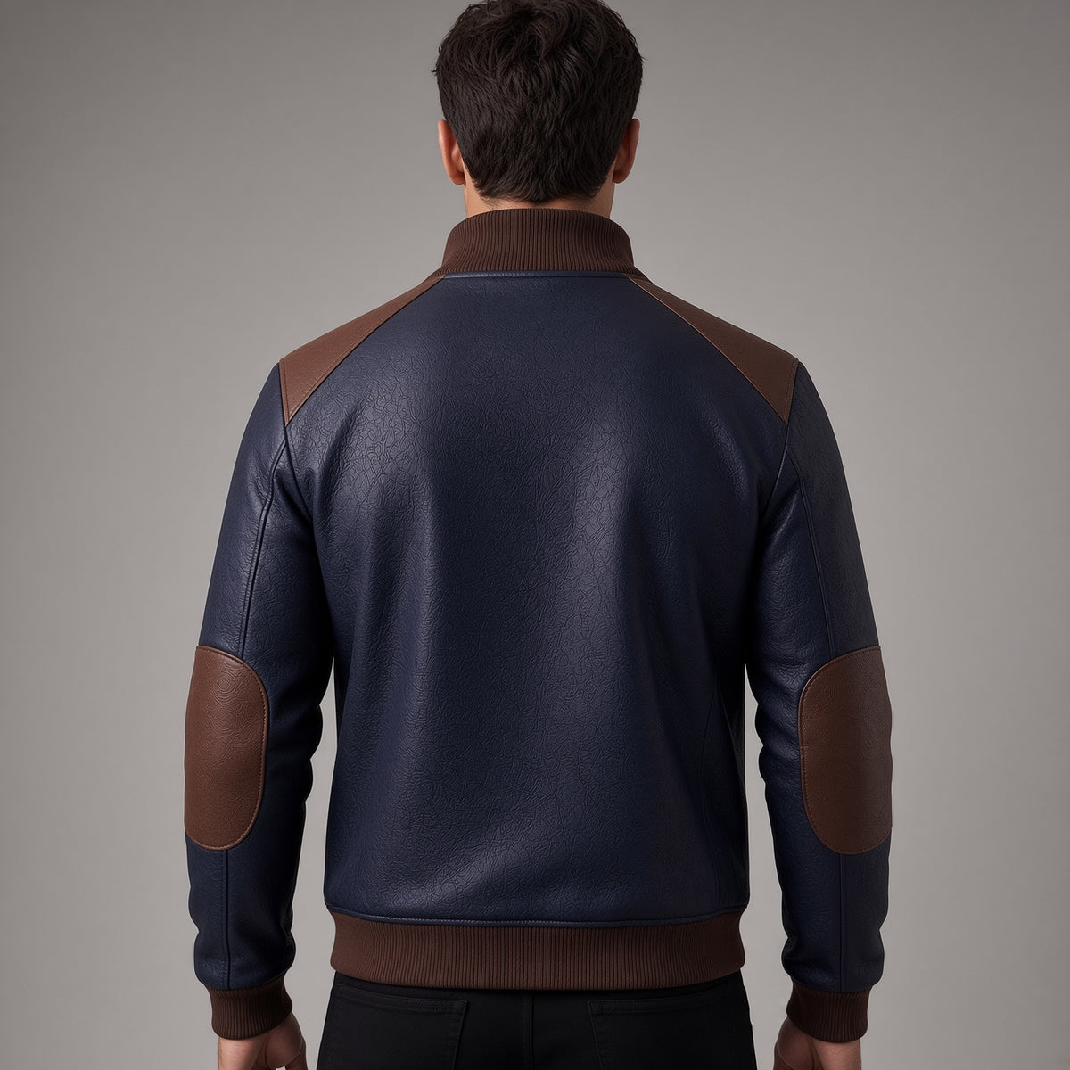 Men's Navy Blue Leather Bomber Jacket | Brown Accent Jacket