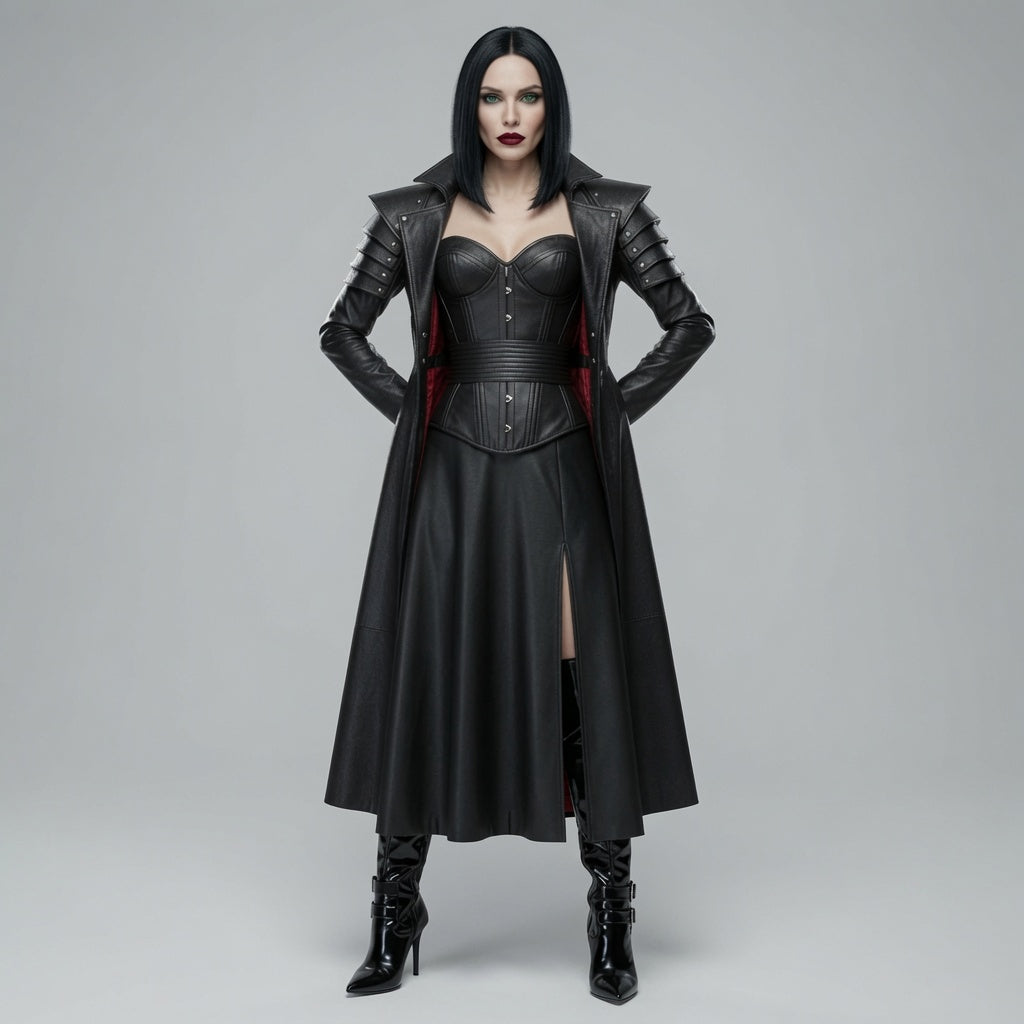Damen Schwarzer Gothic Echtleder Langmantel & Korsett Set | Vampir Fantasy Kostüm