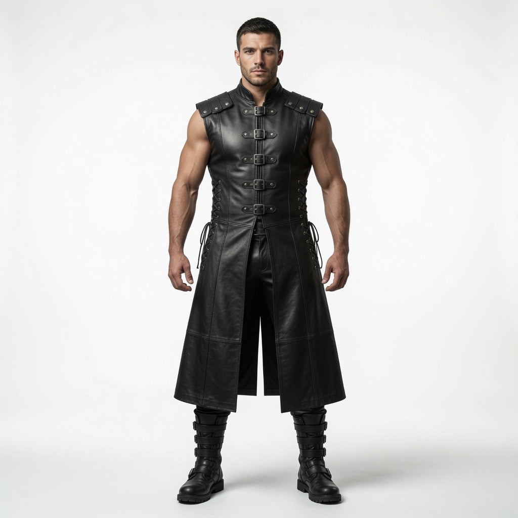 Herren Lange Weste aus echtem schwarzem Leder – Gothic Krieger Trenchcoat | Mittelalterliches LARP Cosplay Rüstungskostüm