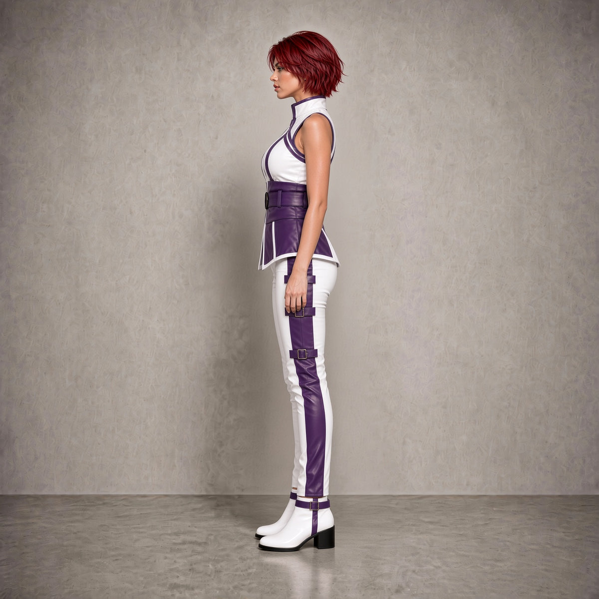 Women’s Purple & White Leather Cosplay Costume Set with Pants & Boots – Fantasy Outfit