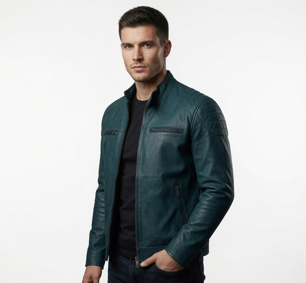 Herren himmelblaue Cafe Racer Jacke aus echtem Leder – schmale Bikerjacke