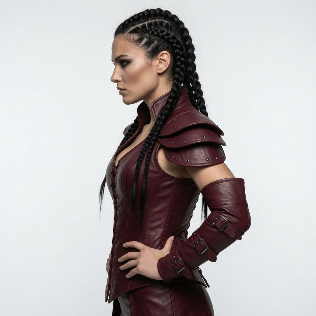 Damen Burgunderrot Fantasy Leder-Rüstungskorsett – Mittelalter Krieger Cosplay Kostüm