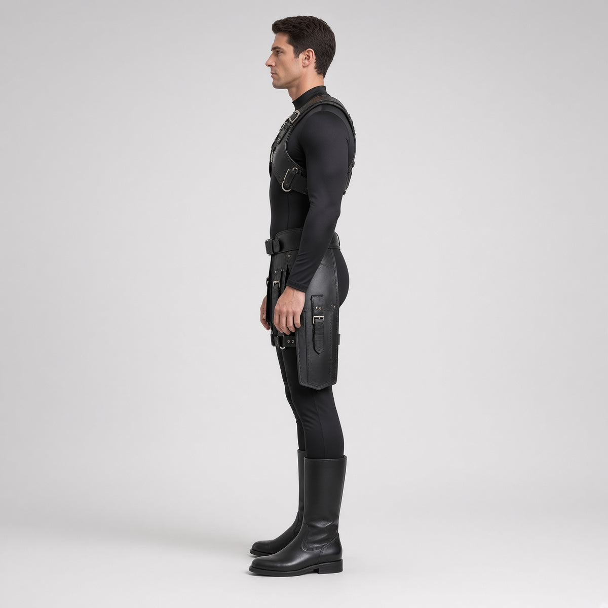 Men's Black Leather Harness Costume | Gothic Warrior Outfit with Boots