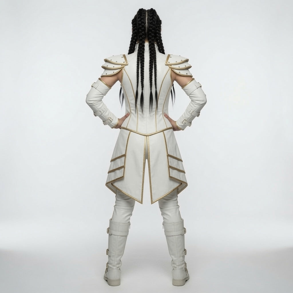 Damen Korsett aus weiß-goldenem Fantasy-Lederharnisch – Mittelalterliches Krieger-Cosplay-Kostüm