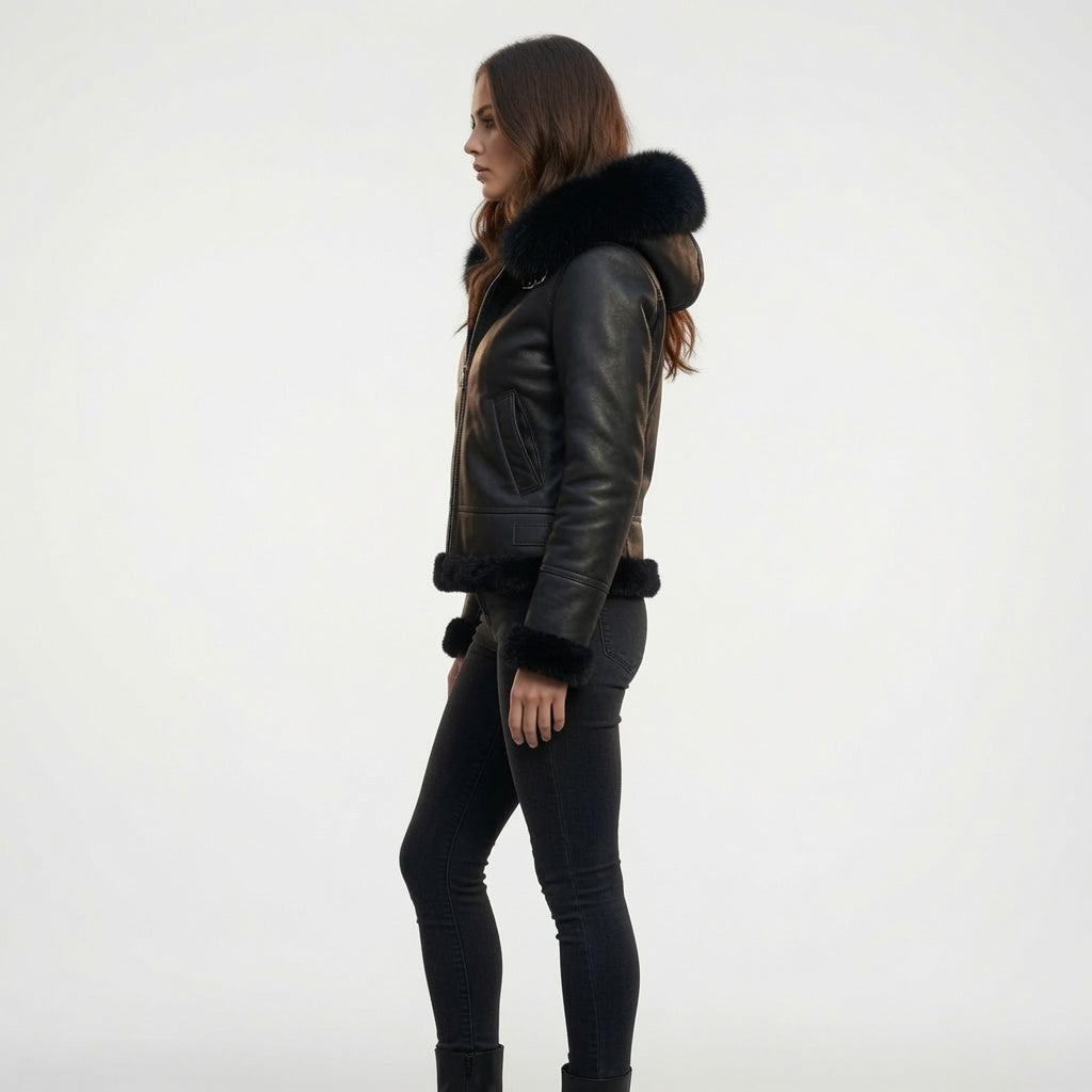 Damen Schwarze Echtleder-Kapuzenjacke aus Lammfell | Winter-Lederjacke mit Fellfutter