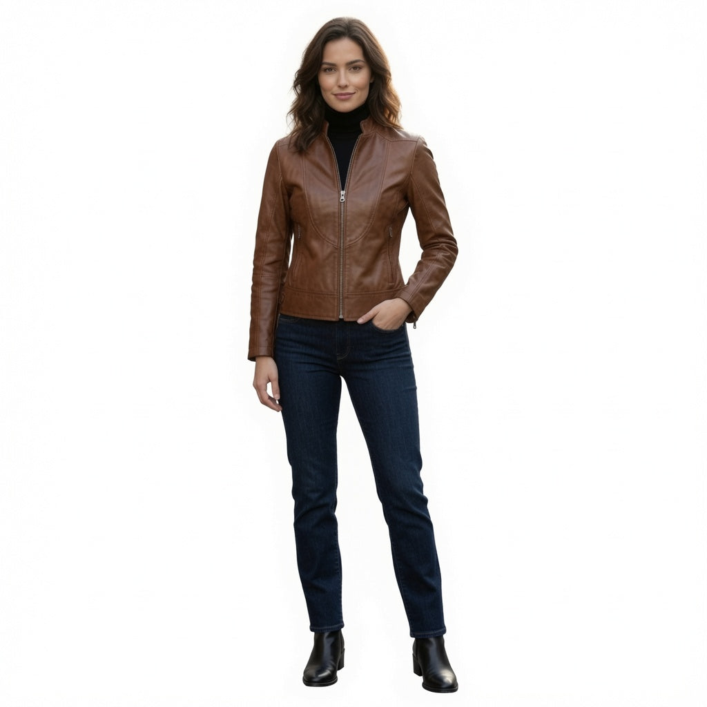 Damen Cognacbraune Echtleder-Motorradjacke | Schmale Lederjacke