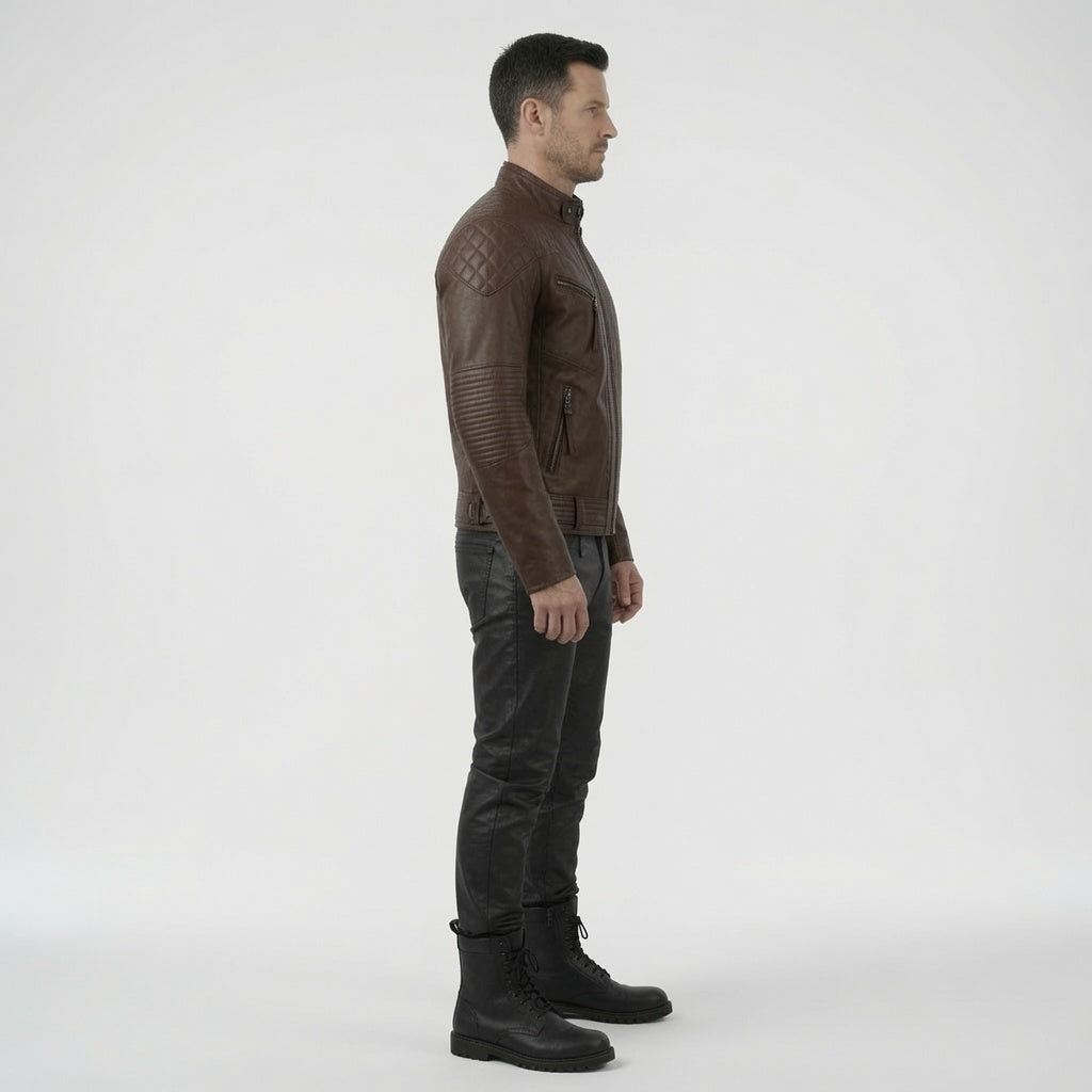 Men's Brown Quilted Leather Biker Jacket – Classic Motorcycle Café Racer Jacket
