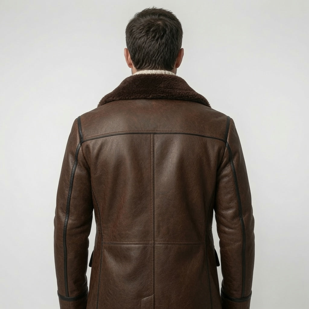 Men's Brown Shearling Leather Peacoat – Double Breasted Winter Leather Coat