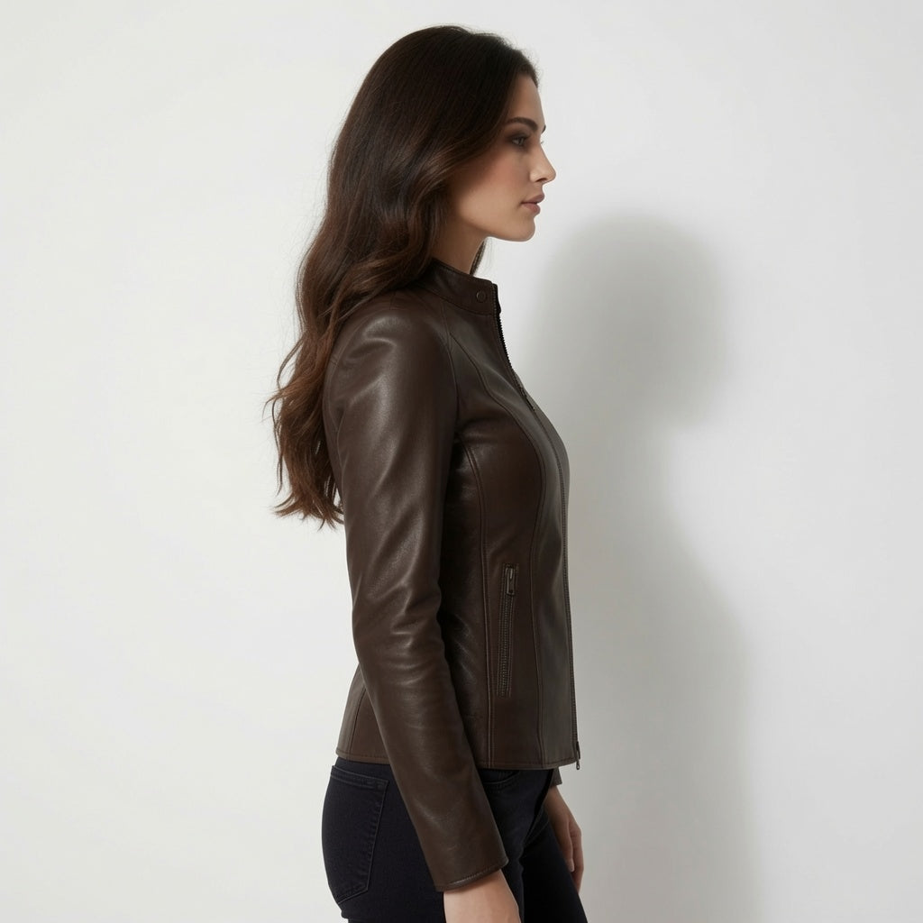 Damen Dunkelbraune Motorradjacke aus echtem Leder | Schmale Café Racer Lederjacke