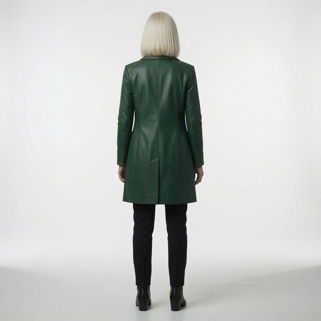 Women's Emerald Green Leather Long Coat – Double Breasted Military Style Trench Jacket