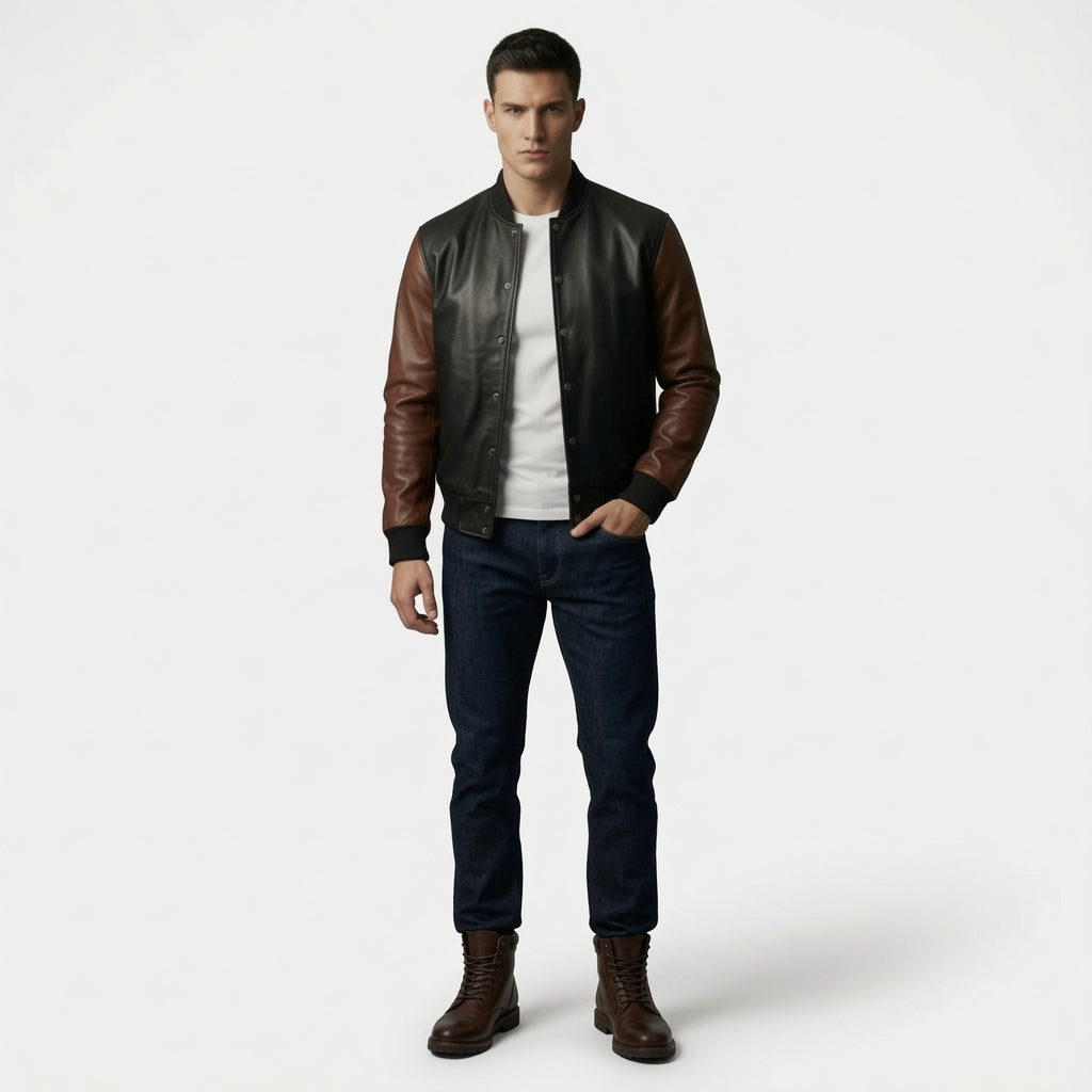 Herren Bomberjacke aus Leder in Schwarz und Braun – Klassischer Baseball-Stil