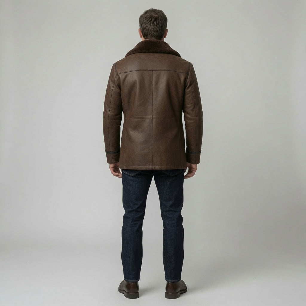 Men's Brown Shearling Leather Peacoat – Double Breasted Winter Leather Coat