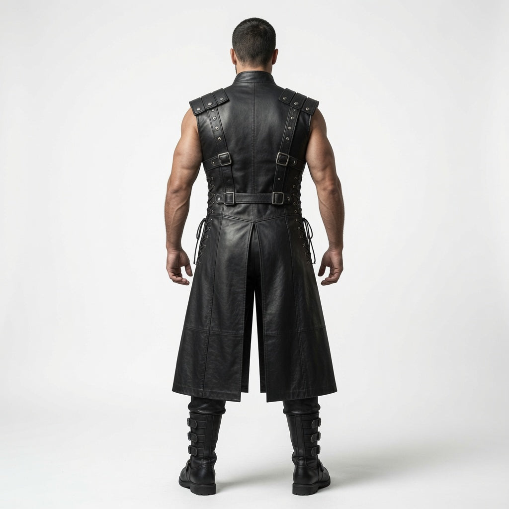 Herren Lange Weste aus echtem schwarzem Leder – Gothic Krieger Trenchcoat | Mittelalterliches LARP Cosplay Rüstungskostüm