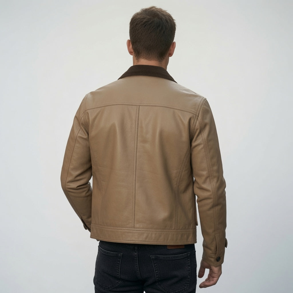 Herren Lederjacke aus echtem Leder in Hellbraun | Klassische Freizeit-Lederjacke mit Knopfleiste