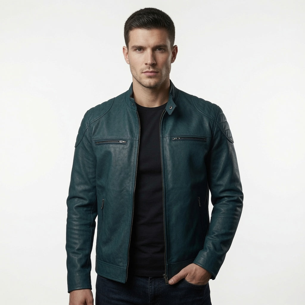 Herren himmelblaue Cafe Racer Jacke aus echtem Leder – schmale Bikerjacke