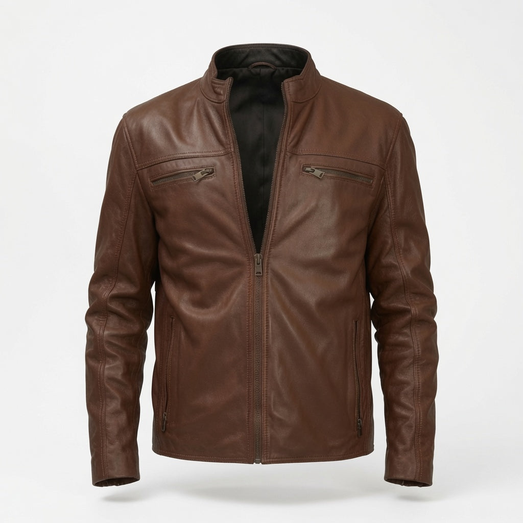 Herren Klassische braune Echtleder Cafe Racer Jacke | Minimalistische Motorrad Lederjacke