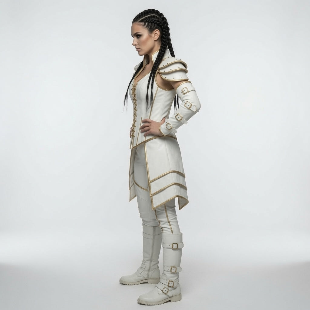 Damen Korsett aus weiß-goldenem Fantasy-Lederharnisch – Mittelalterliches Krieger-Cosplay-Kostüm