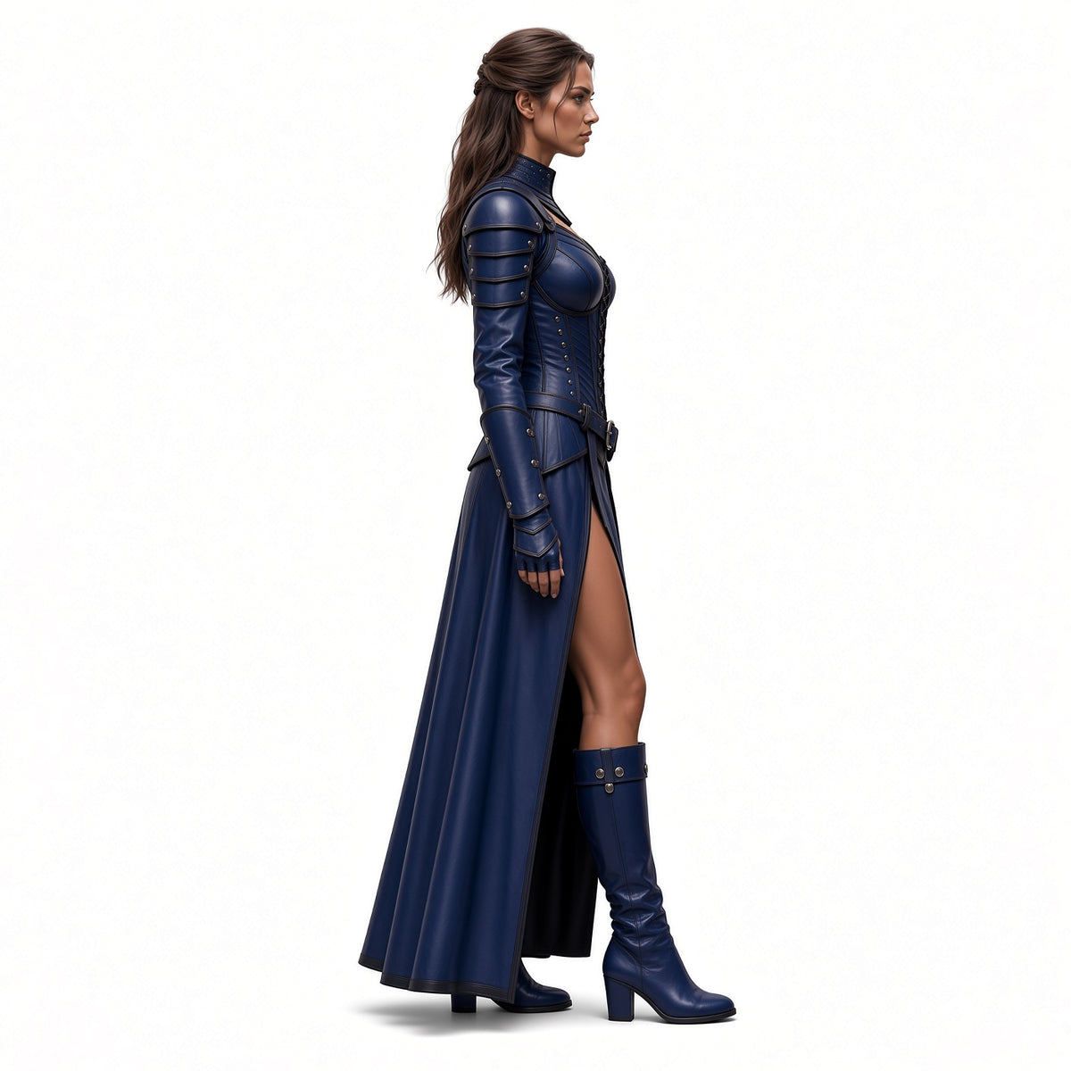 Women’s Blue queen Leather Costume – Corset Dress, Cape, Arm Bracers & Boots