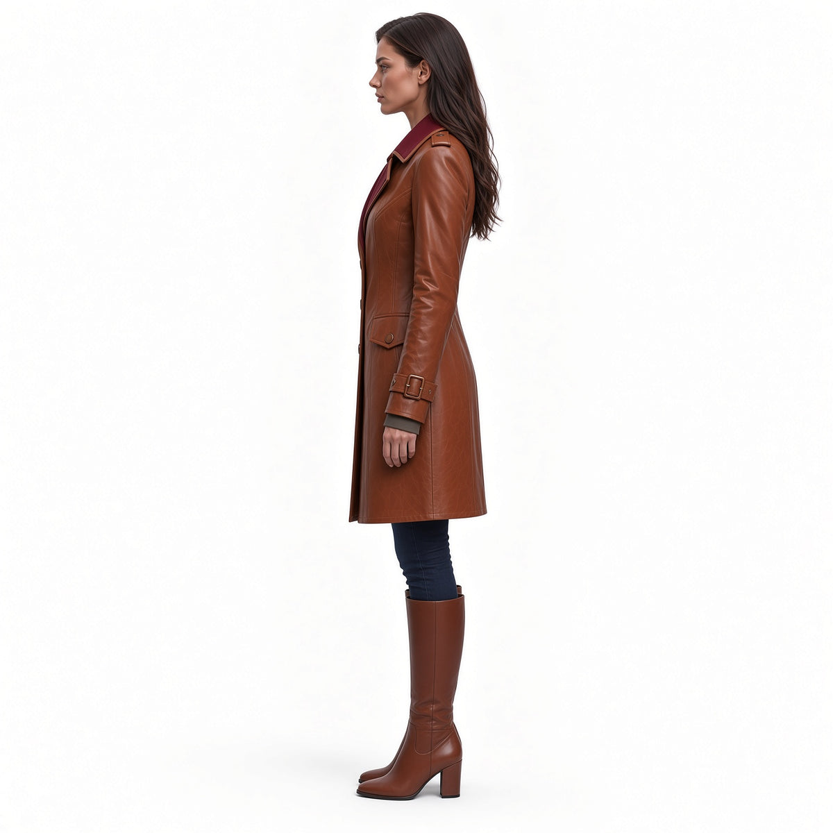 Women’s Brown Long Leather Coat with Burgundy Collar & Knee High Leather Boots