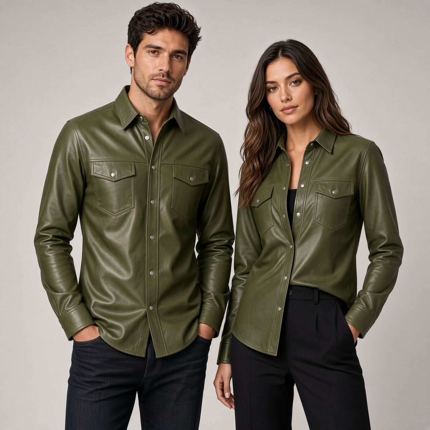 Olive Green Genuine Leather Shirt for Men & Women – Premium Button-Up Leather Shirt